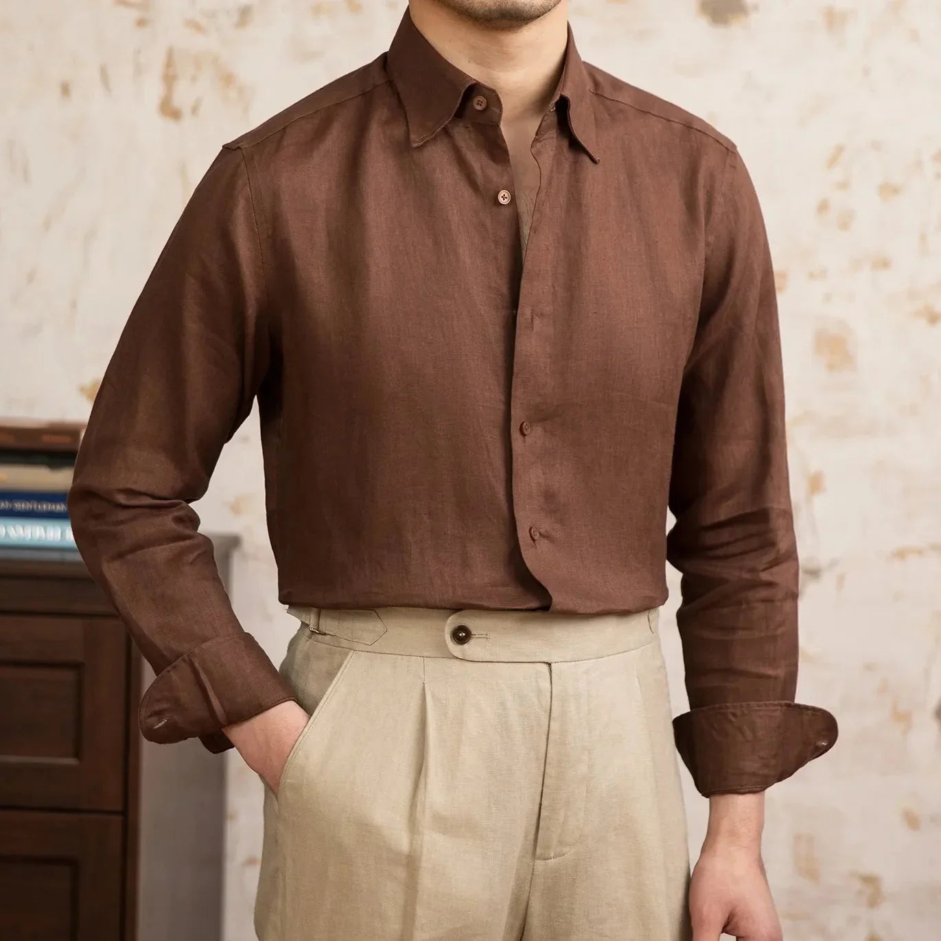 Old money vintage linen long-sleeve shirt for men in brown, showcasing luxury and breathability.