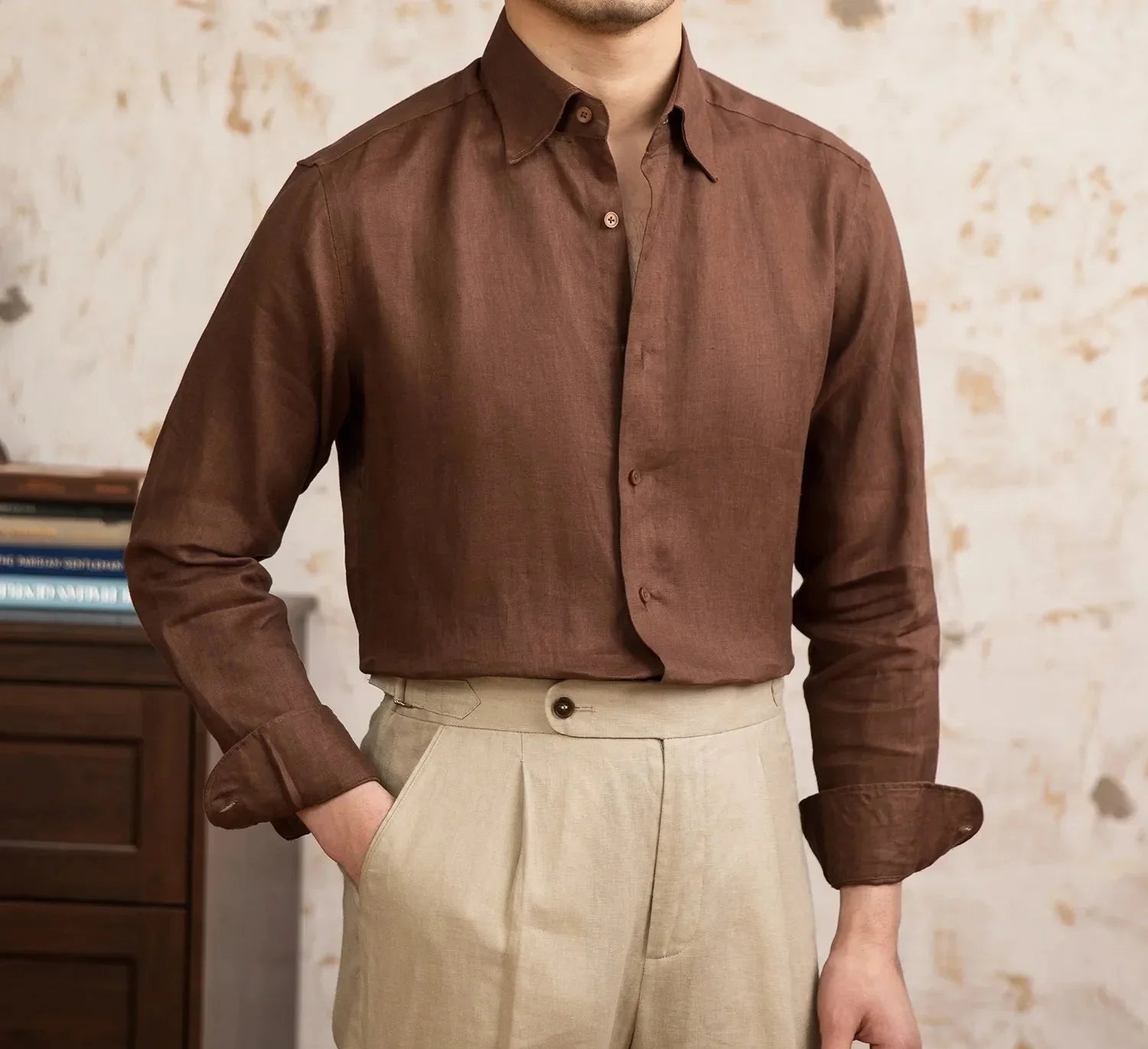 Old money vintage linen long-sleeve shirt for men in brown, showcasing luxury and breathability.