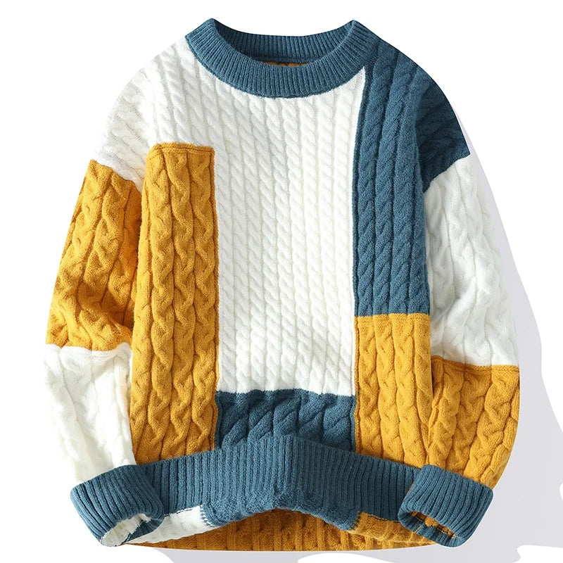 Colorful Norway neck sweater in mixed fabrics, featuring a casual elegant style for all-season wear.