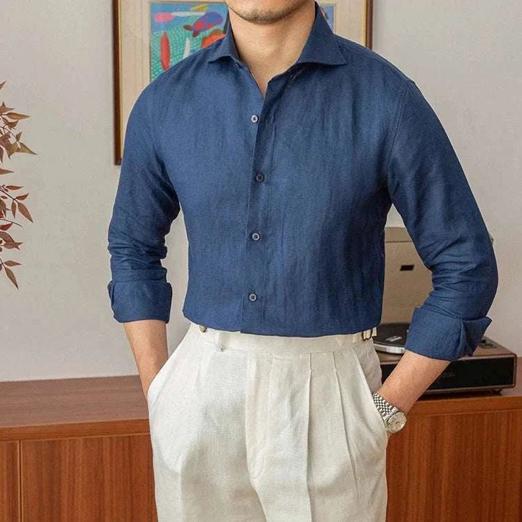 Lightweight linen long-sleeve shirt for men in blue, breathable and stylish for all seasons.