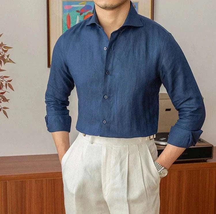 Lightweight linen long-sleeve shirt for men in blue, breathable and stylish for all seasons.