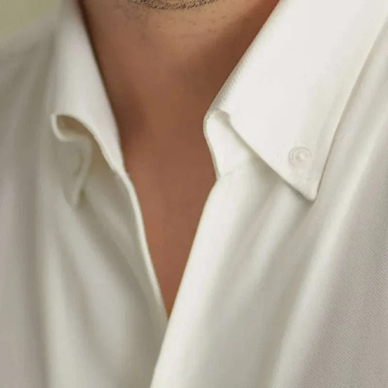 Close-up of a Spring pointer collar long sleeve shirt in white, featuring a solid design for a casual, elegant business style.