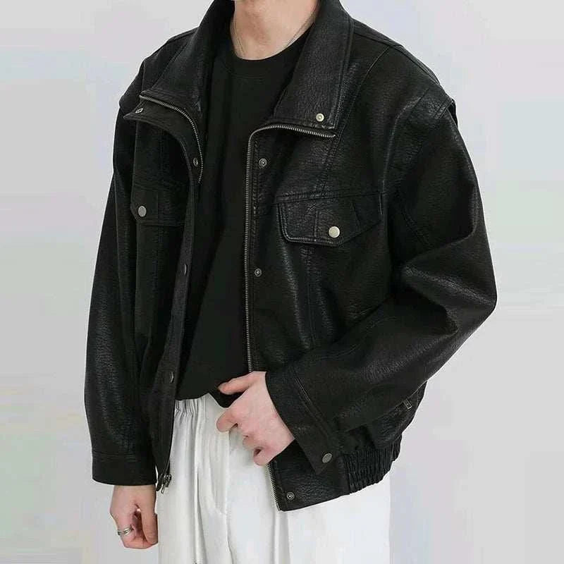 Turn-down PU leather vintage jacket for men, casual style, faux leather.
