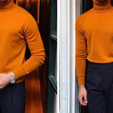 Men's orange turtleneck sweater, business style by Antonios.