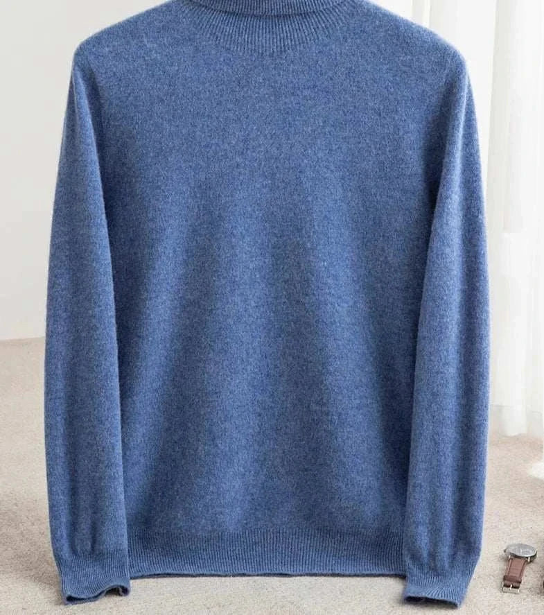 Blue business wool turtleneck sweater for men, perfect for autumn and winter.