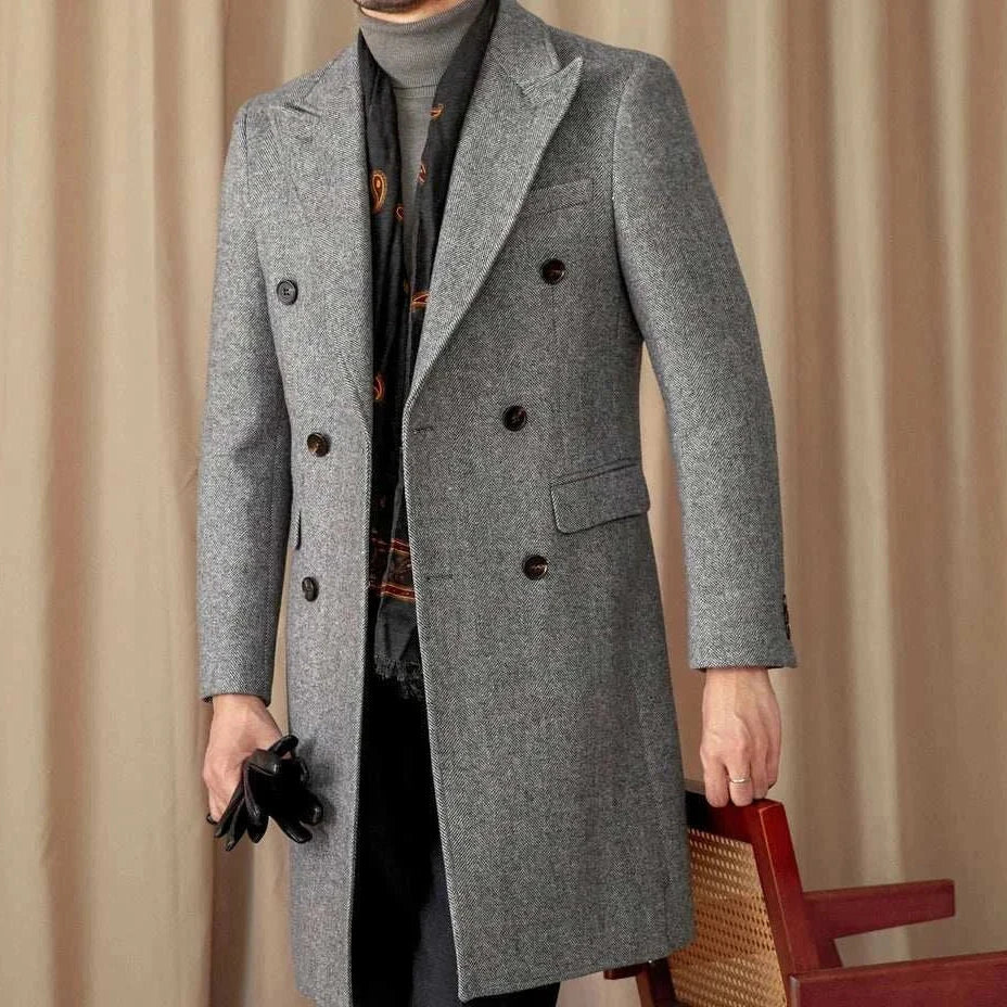 Winter double breasted wool coat, stylish and warm men's fashion.