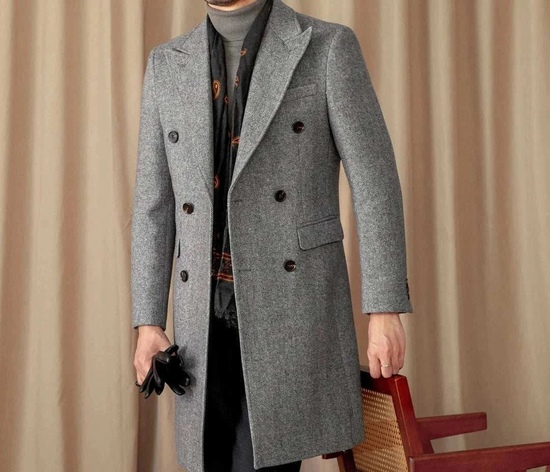 Winter double breasted wool coat, stylish and warm men's fashion.