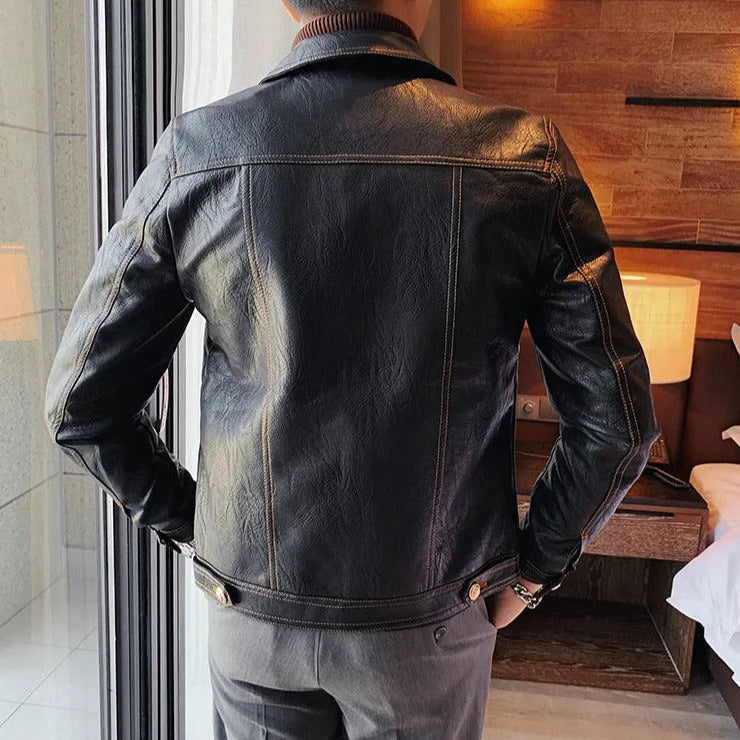 Men's ECO leather jacket in black, casual elegant style, back view.