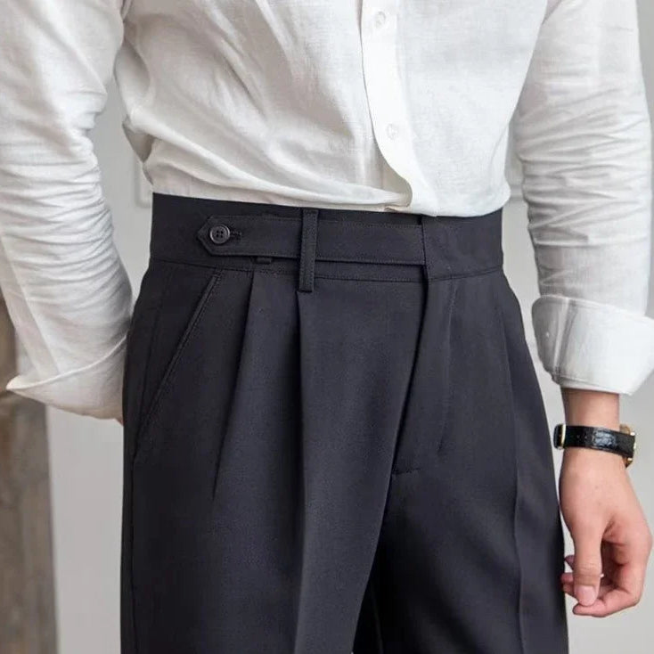 Antonios draped suit pants showcasing Korean-inspired elegance and smart casual style.