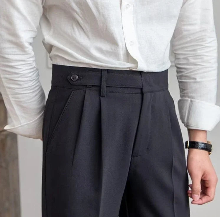 Antonios draped suit pants showcasing Korean-inspired elegance and smart casual style.