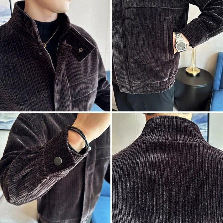 Men's corduroy winter jacket in dark color, showcasing a casual and elegant style, suitable for all seasons.