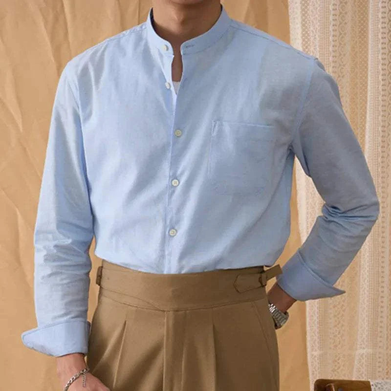 Antonios cotton-linen long sleeve men's shirt, stylish blue top with button-down collar.