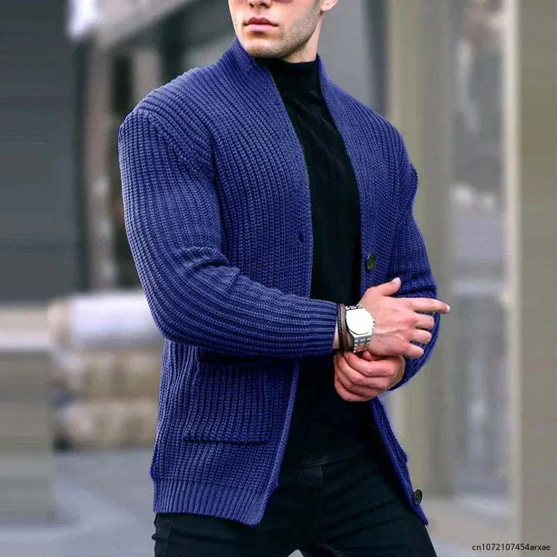Men's cozy autumn streetwear cardigan in wool-polyester blend, blue color.
