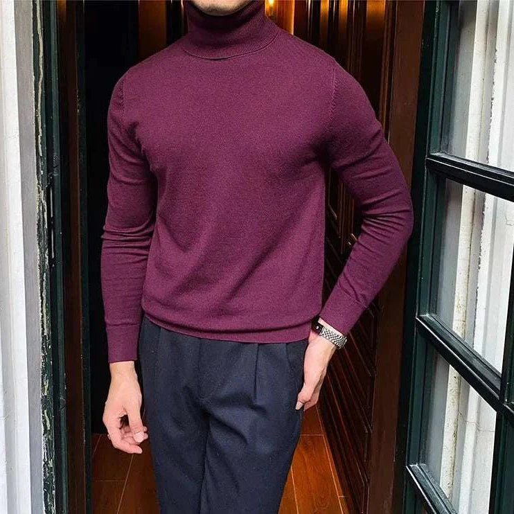Man wearing a burgundy Antonios business turtleneck sweater for office settings.