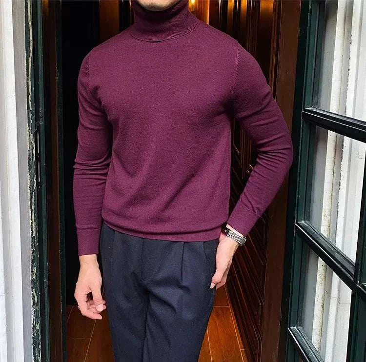 Man wearing a burgundy Antonios business turtleneck sweater for office settings.