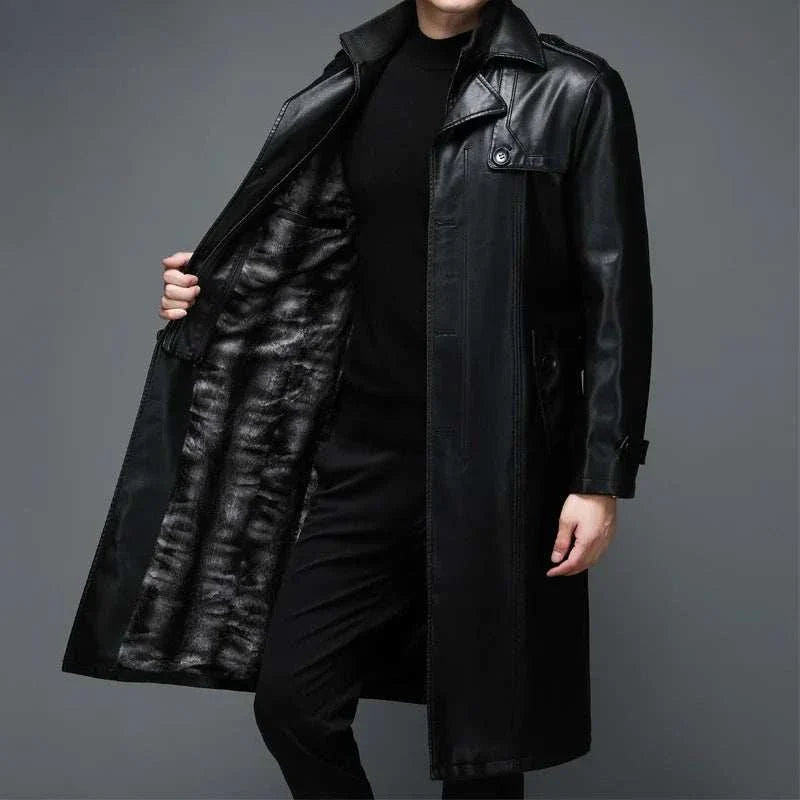Matrix long coat made from polyester and ecological leather, suitable for autumn/winter. Eco-friendly men's fashion.