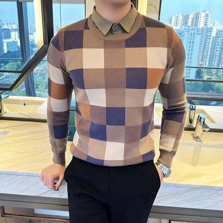 Tone two color sweater with checkered pattern, casual elegant style.