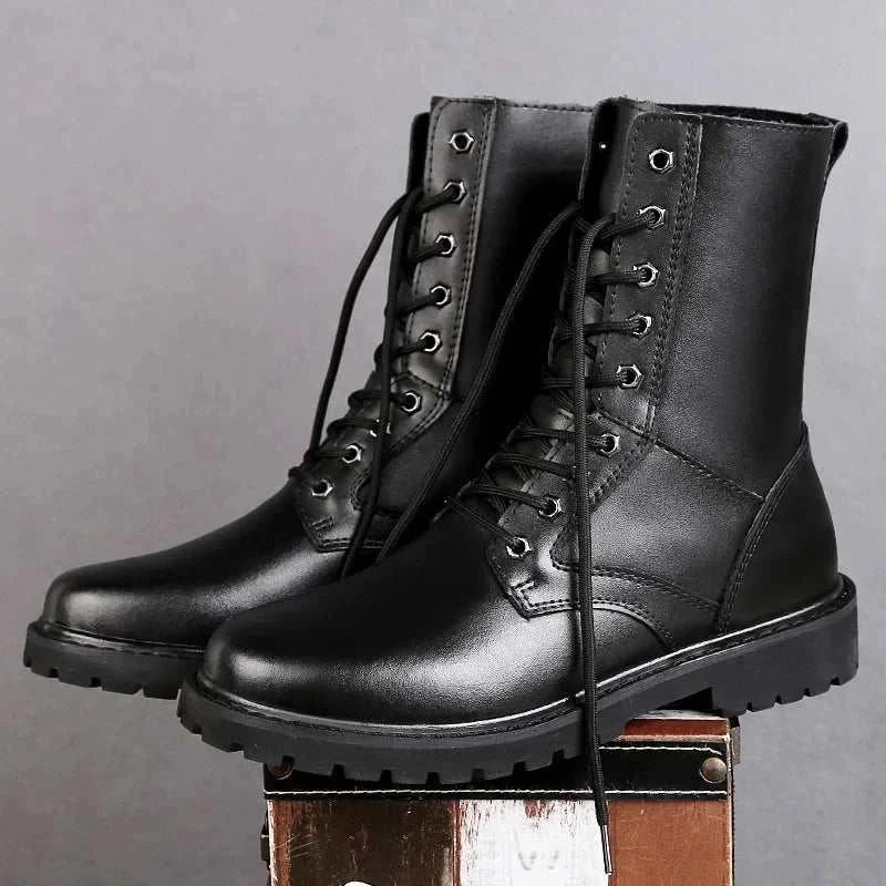Genuine leather motorcycle boots with durable black finish.