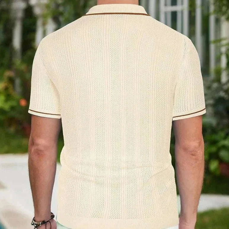 Ice silk summer short sleeve shirt for men, lightweight and breathable, shown in a casual outdoor setting.