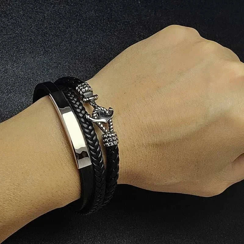 Weave triple leather bracelet with stainless steel clasp on wrist.