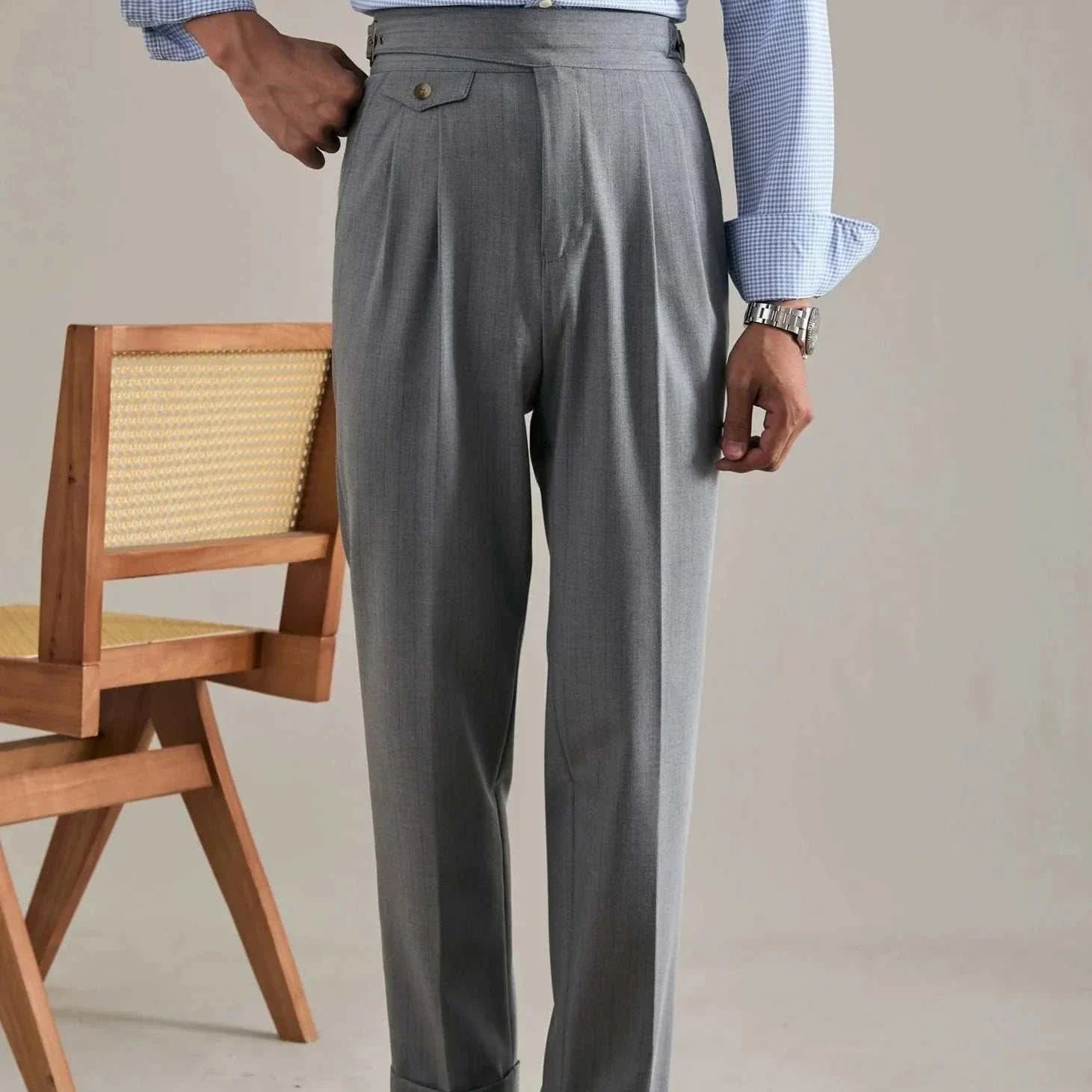 High waist trousers for office, smart casual style, elegant, polyester, full-length.