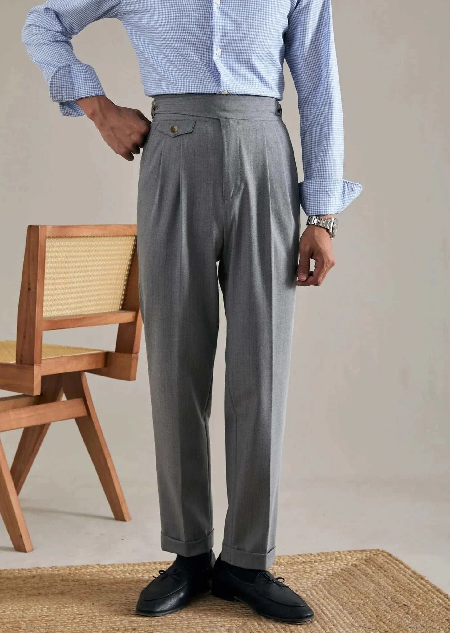 High waist trousers for office, smart casual style, elegant, polyester, full-length.