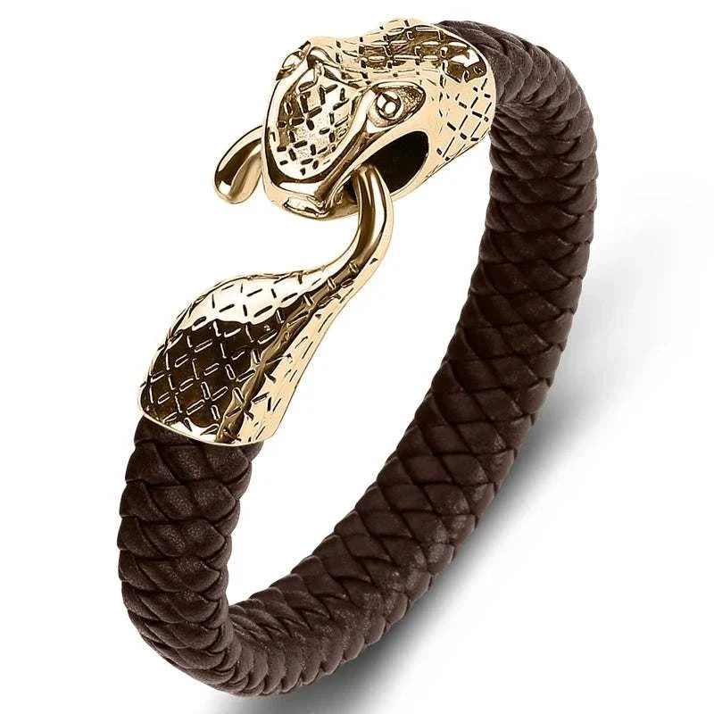 Snake leather bracelet with stainless steel snake head design.