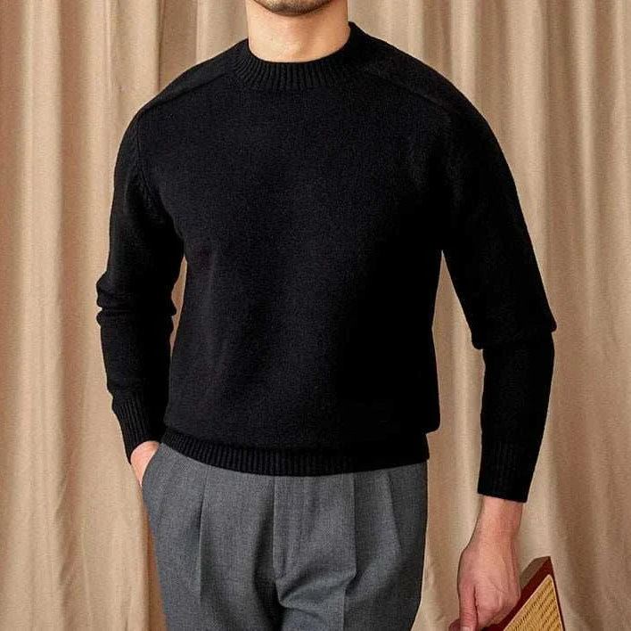 Japanese casual winter sweater for men in black, made from cotton and wool blend.