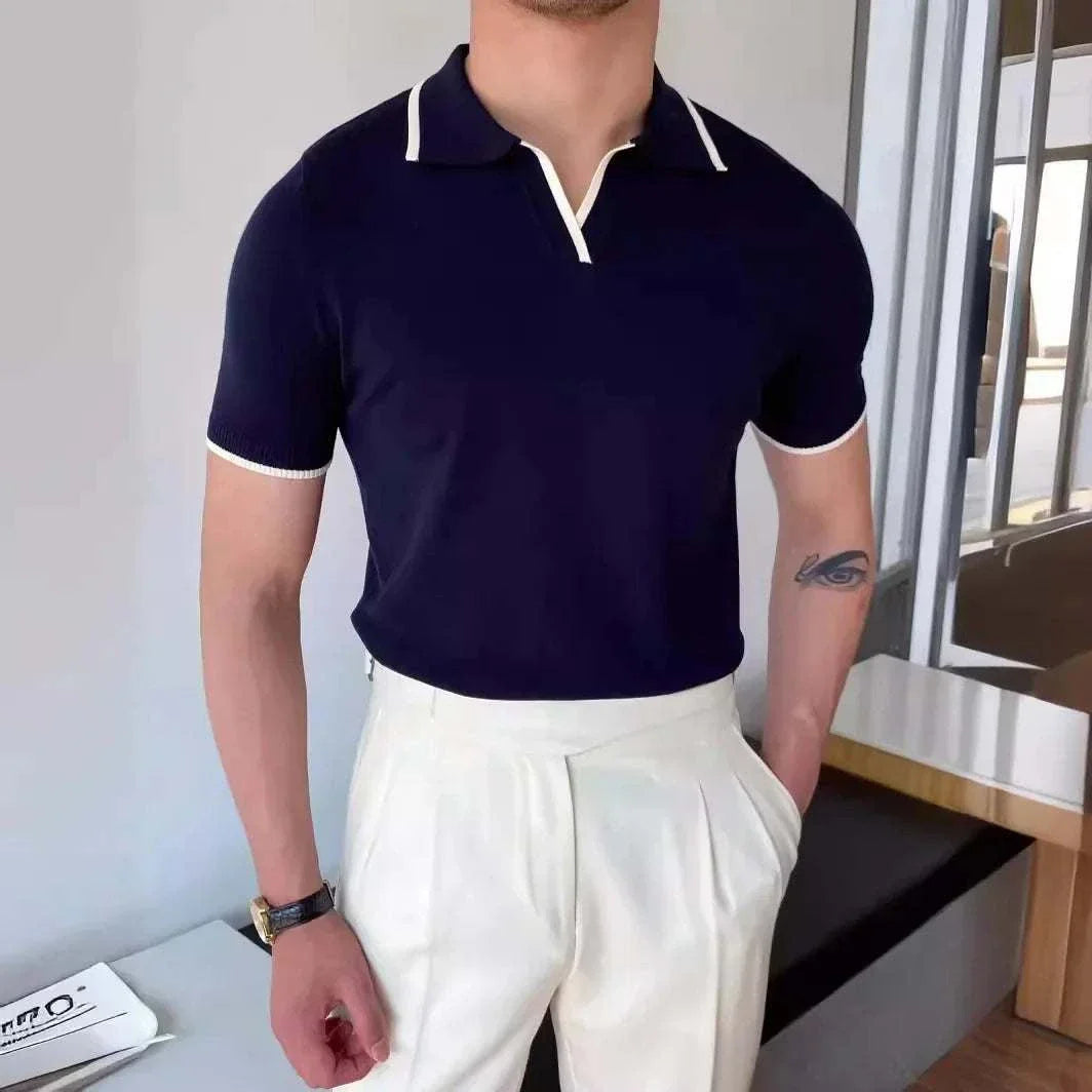 Men's polo collar relaxed fit t-shirt in solid color, casual spring/summer wear.