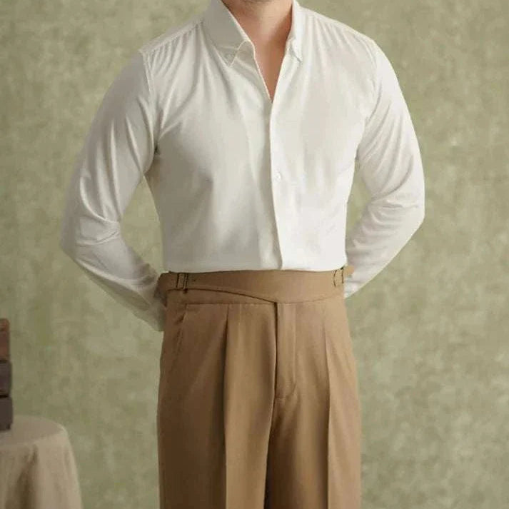 Spring pointer collar long sleeve shirt for men, made of polyester and spandex.