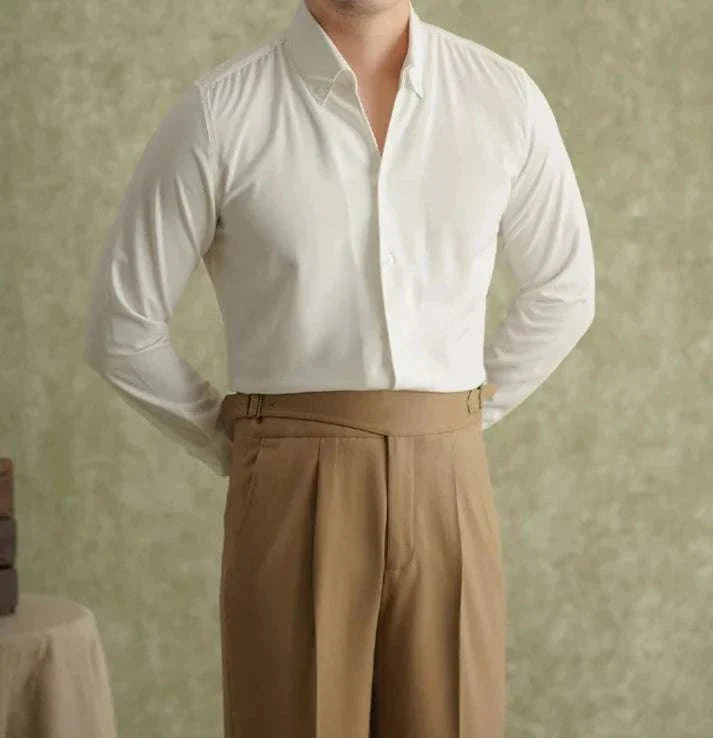 Spring pointer collar long sleeve shirt for men, made of polyester and spandex.