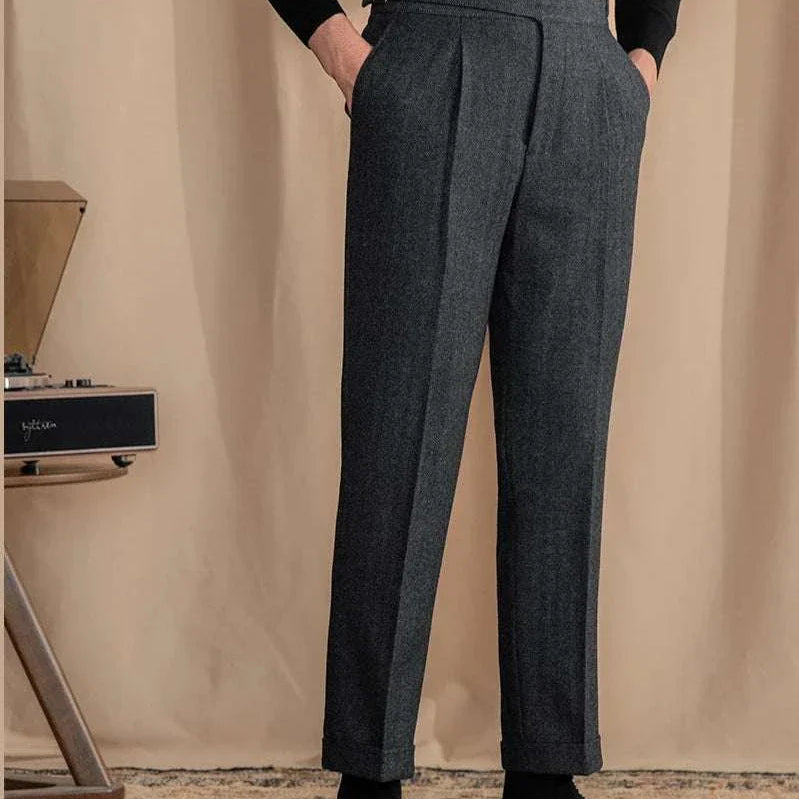 Antonios vintage wool herringbone pants, full-length, smart casual style.