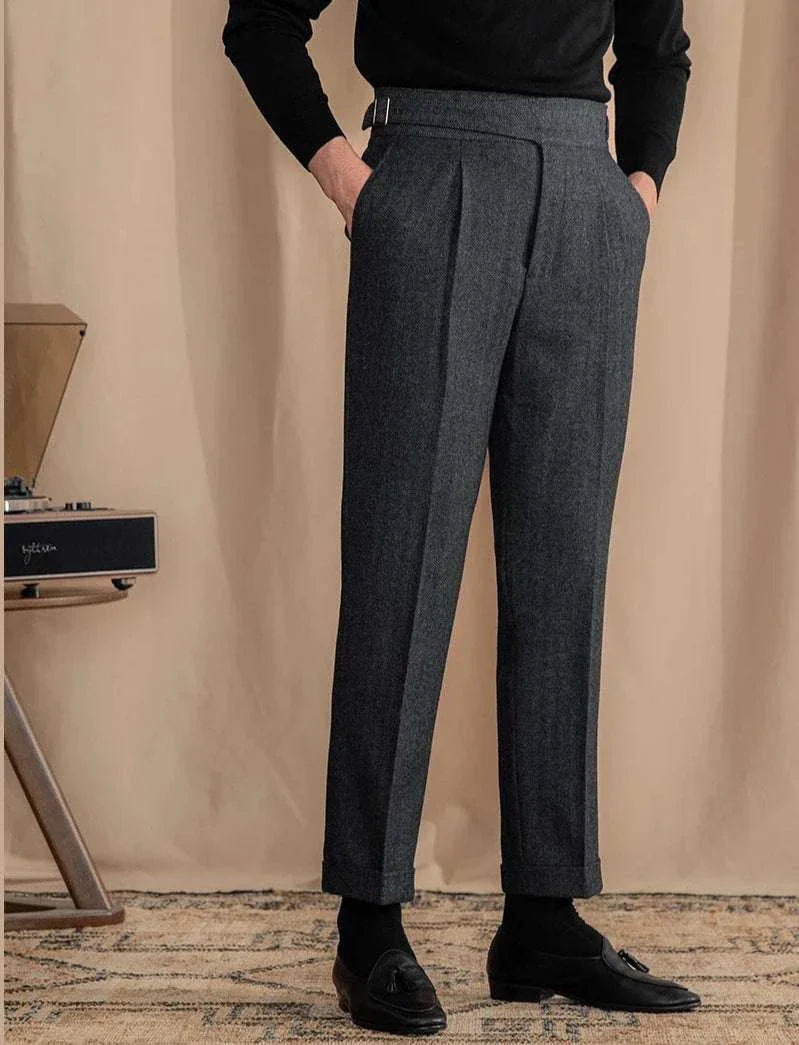 Antonios vintage wool herringbone pants, full-length, smart casual style.