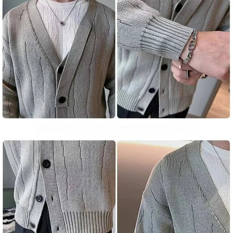 Retro V-shape winter cardigan for men in high-quality polyester, cozy and stylish for cold weather.