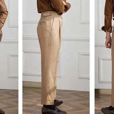 Autumn Italian high-waist trousers in beige, showcasing a smart casual style on male models.