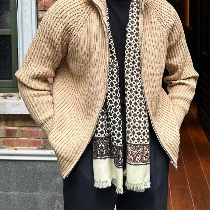 Retro cardigan in beige, men's cotton knit, casual style.