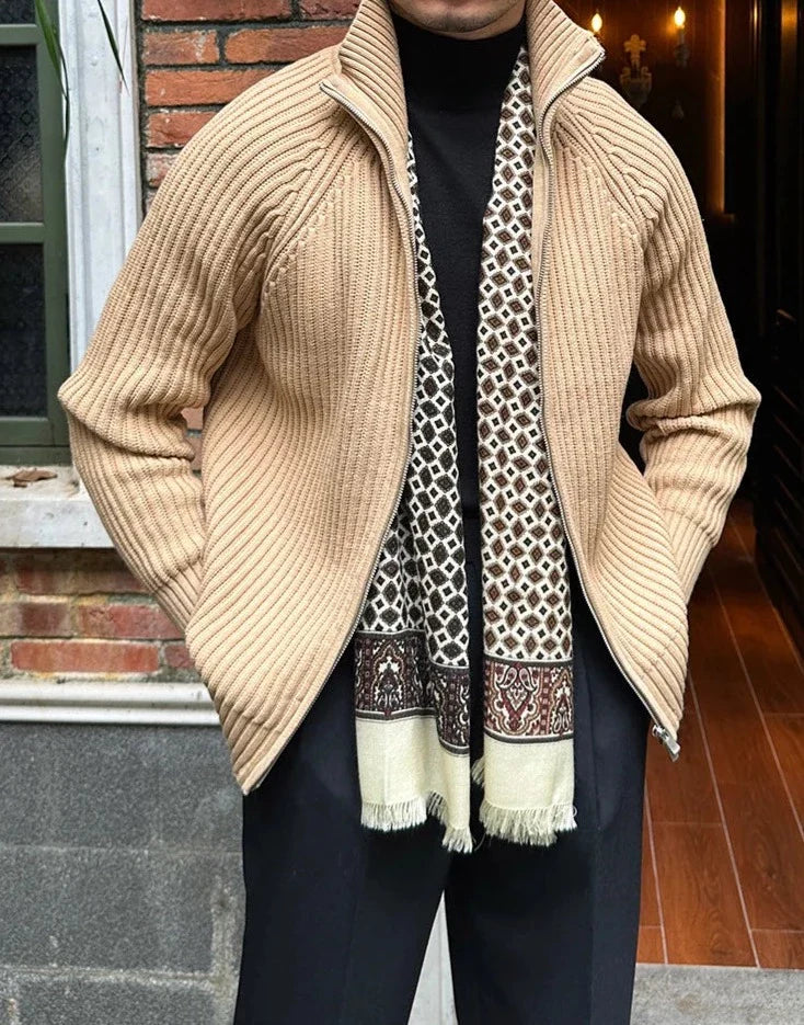 Retro cardigan in beige, men's cotton knit, casual style.