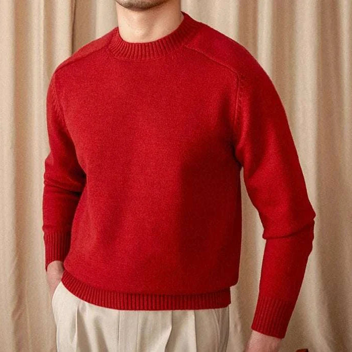 Japanese casual winter sweater in red, made from cotton and wool, perfect for men.