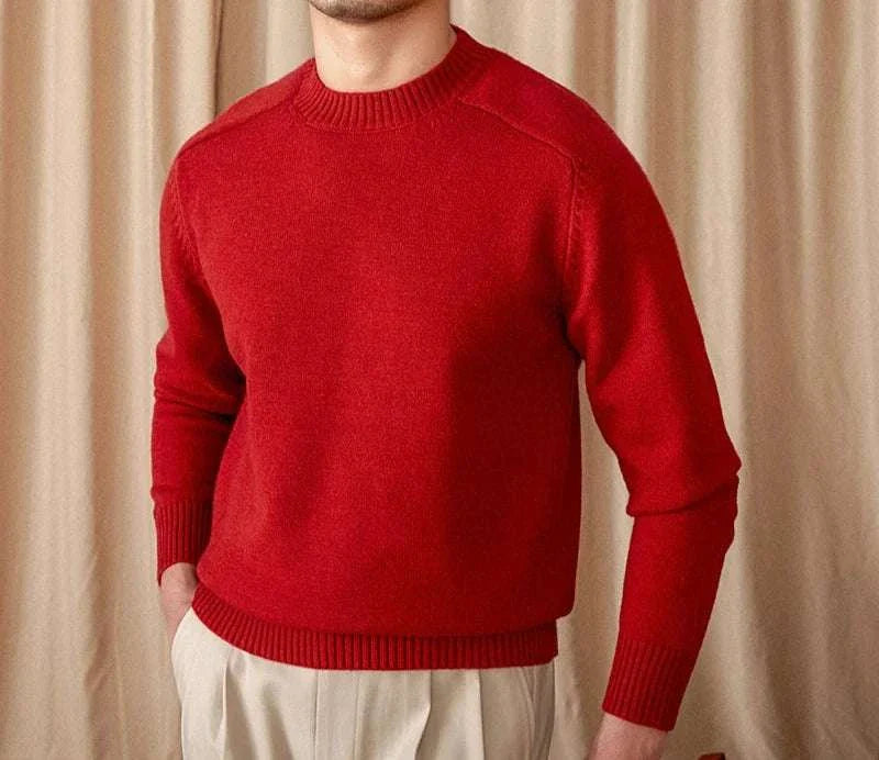 Japanese casual winter sweater in red, made from cotton and wool, perfect for men.