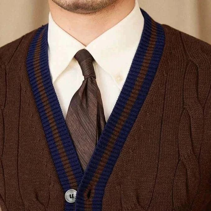 Antonios twisted knit cardigan in Italian vintage style worn with a shirt and tie.