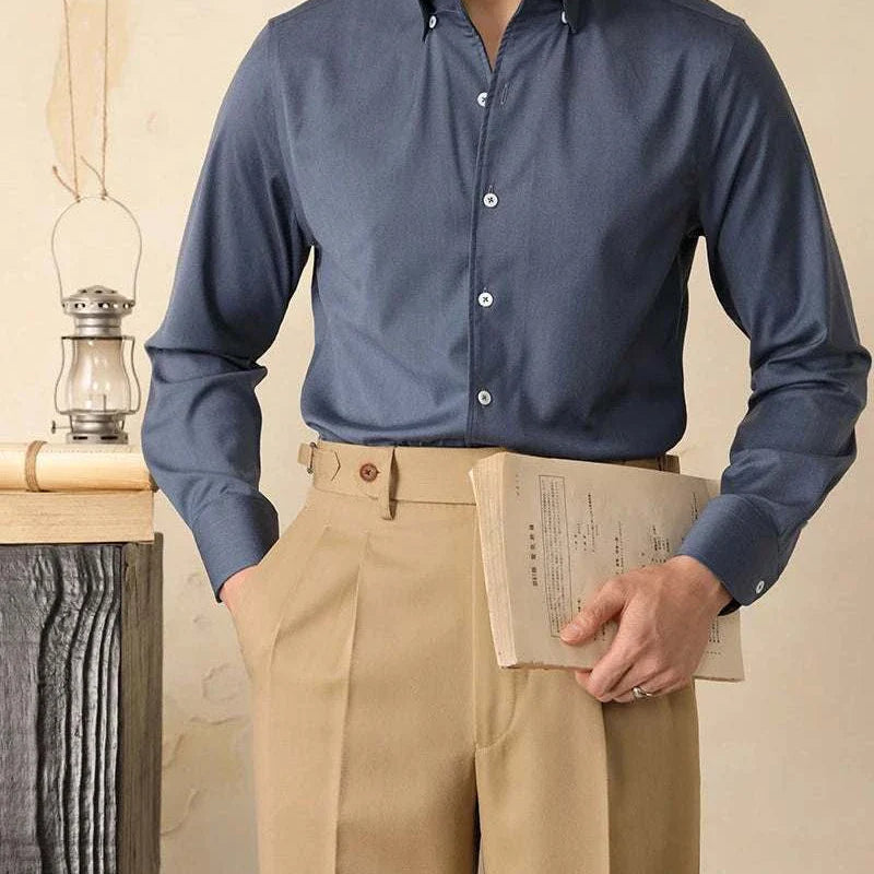 Antonios washed tuxedo shirt for stylish office wear, showcasing a blend of polyester, spandex, and viscose for comfort and durability.