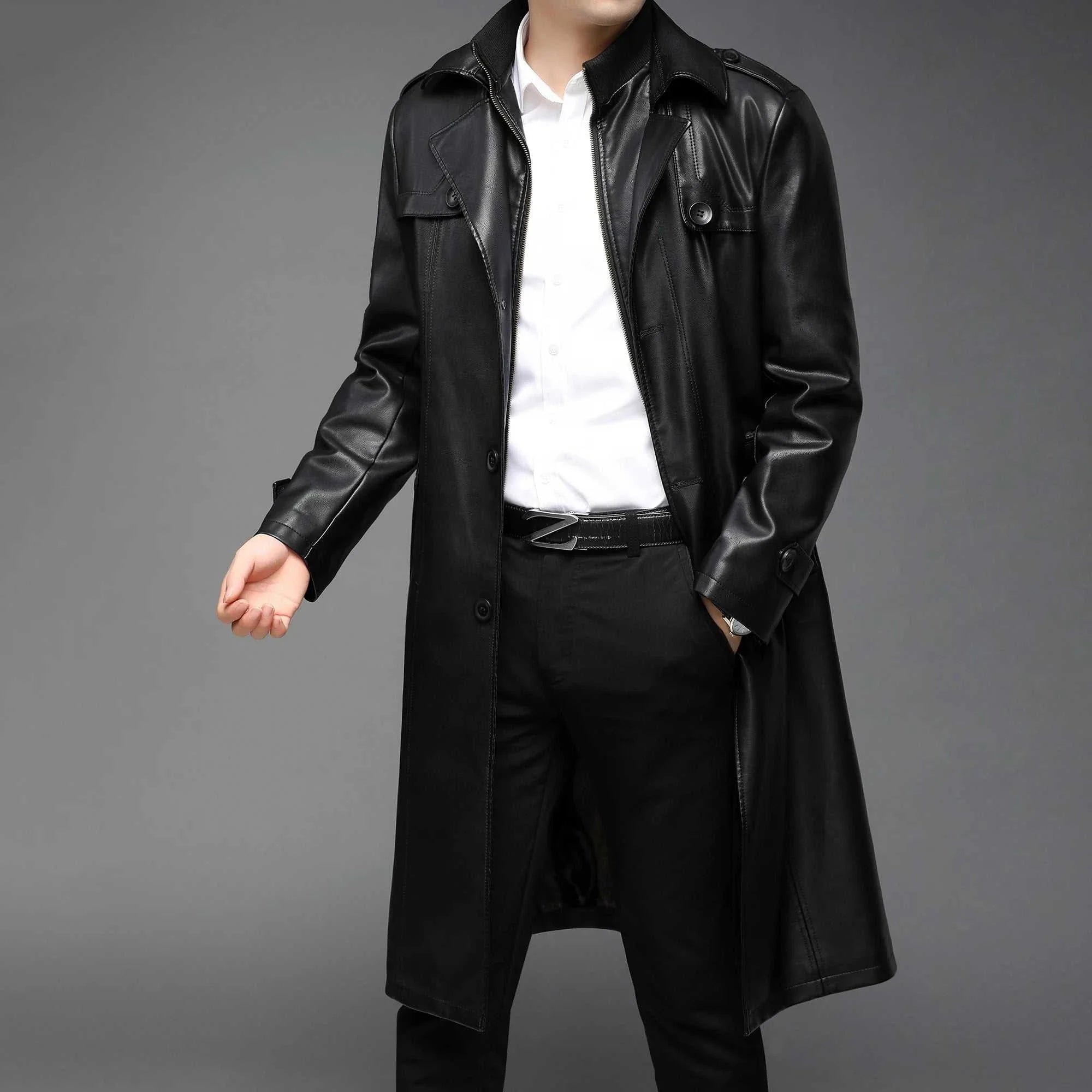 Men's PU leather long coat in black for autumn and winter.