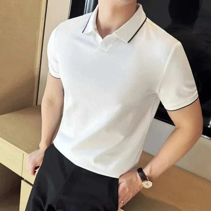 British slim fit summer polo t-shirt in white with black accents, perfect for men's spring/summer fashion.