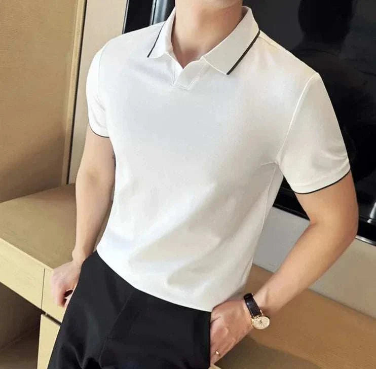 British slim fit summer polo t-shirt in white with black accents, perfect for men's spring/summer fashion.
