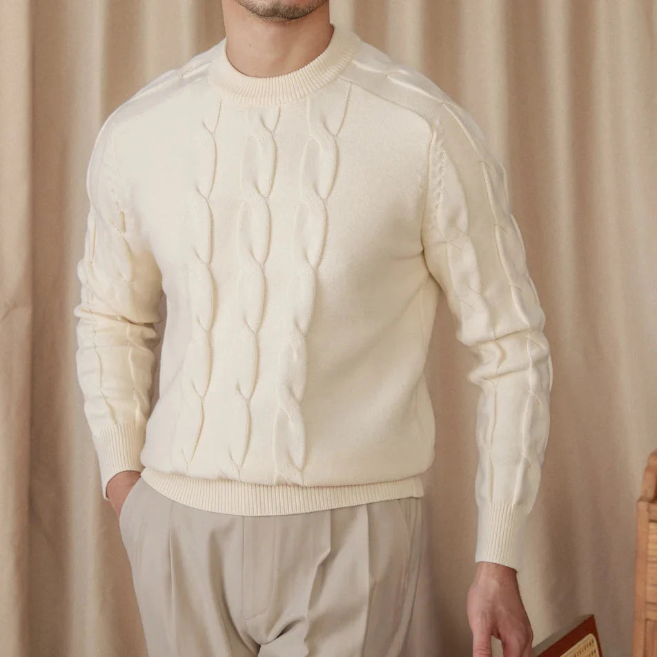 Round neck vintage sweater for men in cream color, cotton and wool blend.