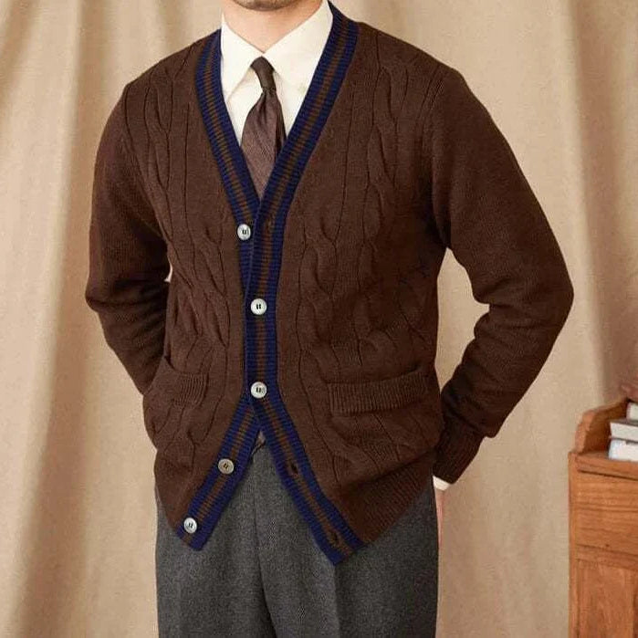 Antonios twisted knit cardigan in Italian vintage style, brown with blue trim, men's fashion.
