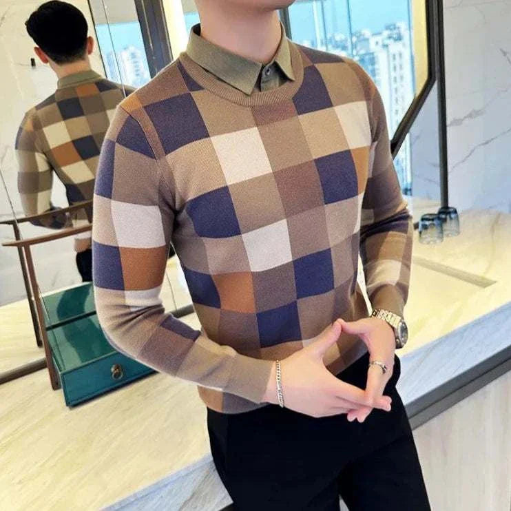 Tone two color sweater in a checkered pattern, worn by a model in a modern interior setting.