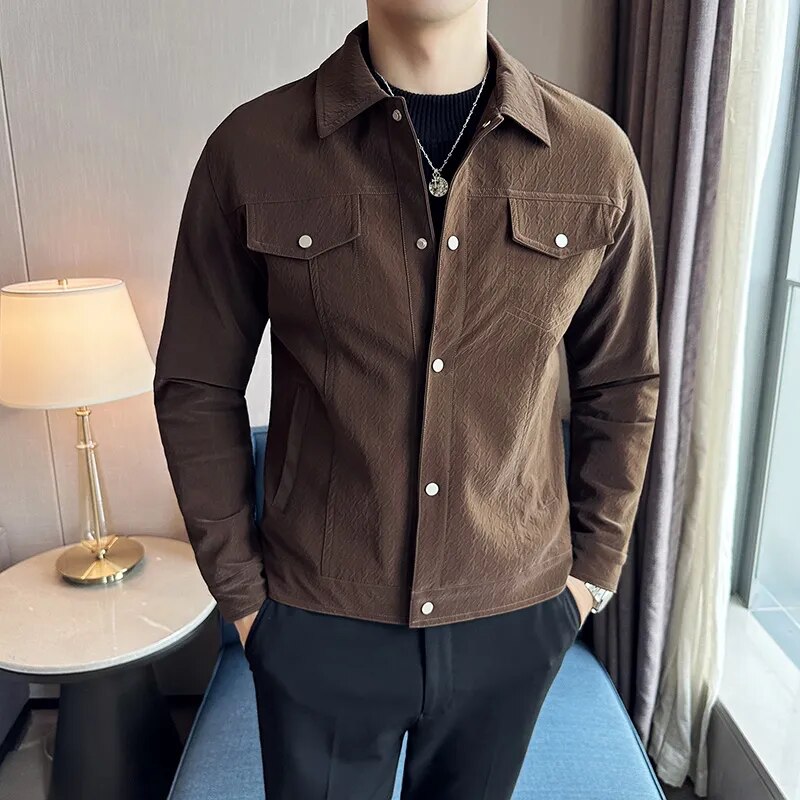Men's CLASSY jacket in coffee color, eco-leather, casual elegant style.