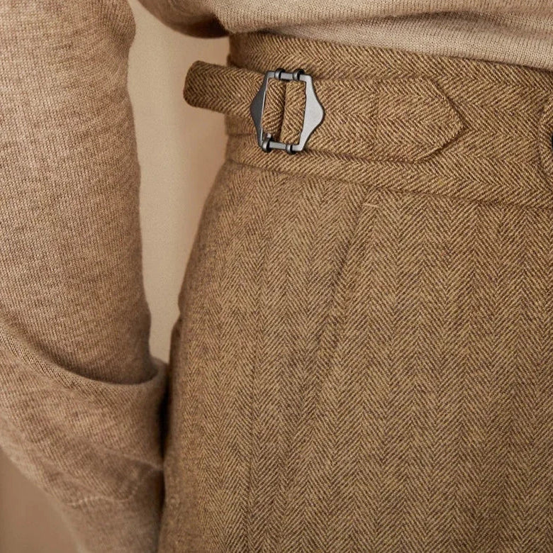 Wool winter Italian trousers in brown with stylish belt detail.