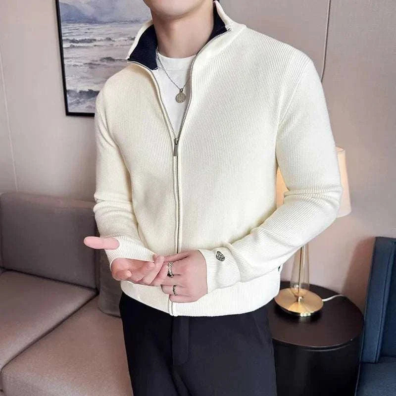 Men's cold season knit zipper sweater in white, made of cozy polyester for autumn and winter wear.